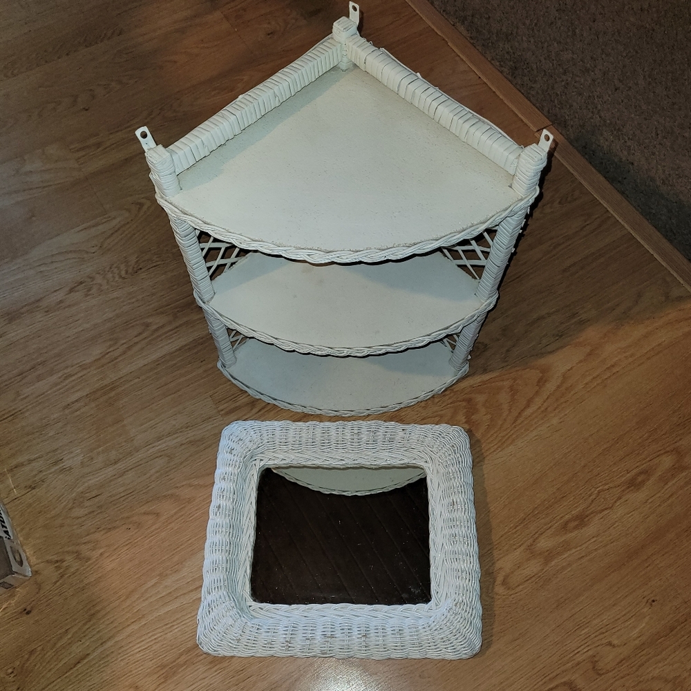 Vintage Wicker Shelf And Mirror